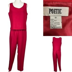 2 PCE Silk POETIC True Red Set Top & Pants Suit 60s Retro Style RARE!
